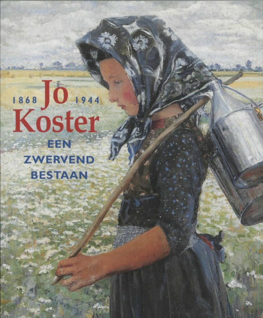 Boekenkaft met een melkmeisje, geschilderd door Jo Koster. Het meisje draagt melkemmers op haar schouder.