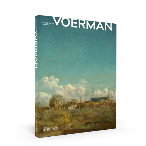 Een boek met de titel Voerman met als cover een schilderij van Jan Voerman met een blauwe wolken lucht.
