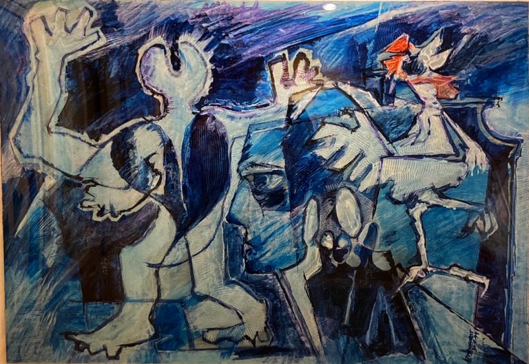 Blauw schilderij van Bert Windhorst waarin een mens figuur en een haan abstract zijn afgebeeld.
