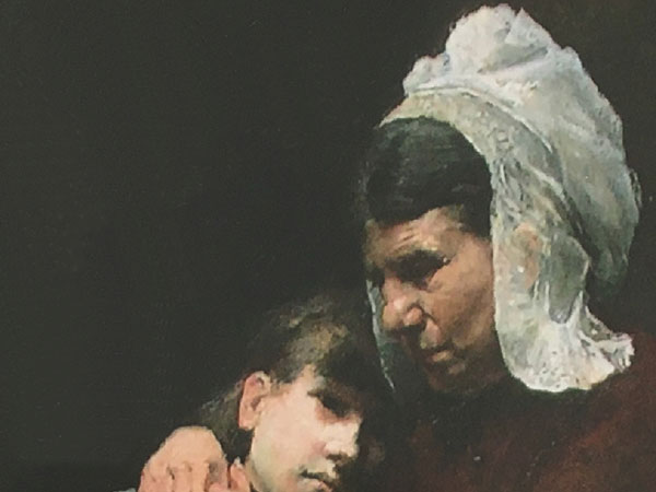 Schilderij van een vrouw die een kind vasthoudt.