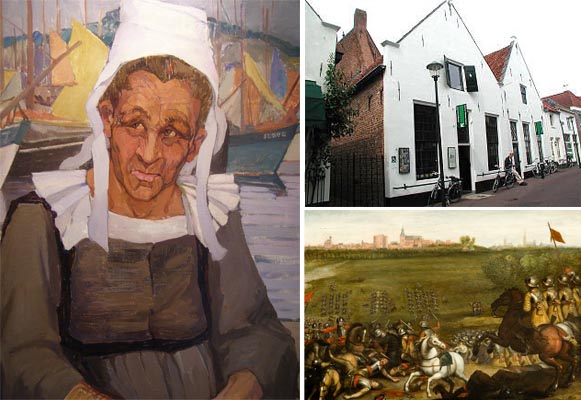 Collage met 3 foto's, één van een schilderij en Jo Koster genaamd Bretonse vissersvrouw, een foto van het pand van het museum en een foto van een schilderij van Peeter Snaijers met een paarden leger op de voorgrond en een uitzicht op een kasteel op de achtergrond.