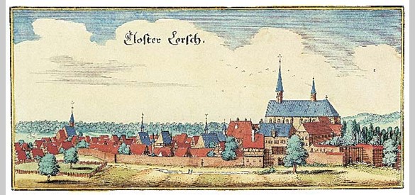 Een tekening gemaakt door Matthaeus Merian met als titel De abdij Lorsch ten noorden van Mannheim.