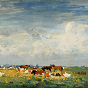 Zomerlandschap van Jan Voerman senior. Wolkenpartijen, grasvelden met koeien en paarden.