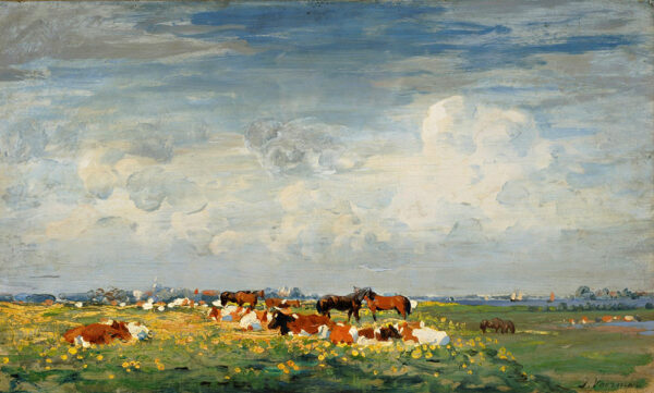 Zomerlandschap van Jan Voerman senior. Wolkenpartijen, grasvelden met koeien en paarden.