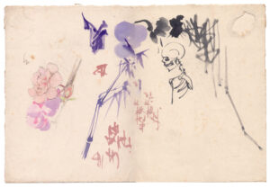 aquarel studie van bloemen, bamboe en een skelet Jan Voerman junior