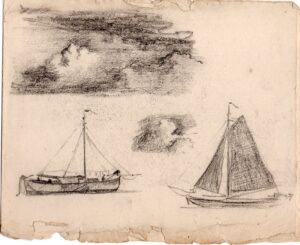 twee studie schetsen van zeilschepen met een dreigende lucht gemaakt door Jan Voerman junior