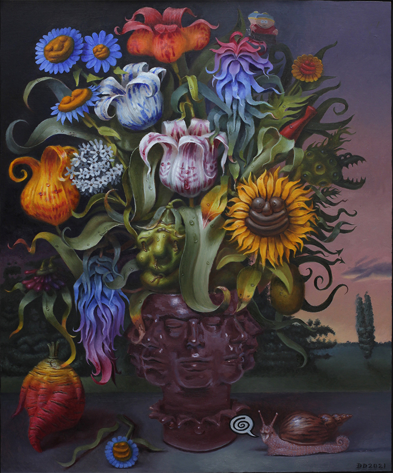 Schilderij van Daniel Douglas. Verschillende bloemen op een vaas met allerlei surrealistische details.