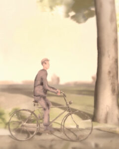Een scene uit een animatie van Niels van de Veen. Een fietser naast een boom.