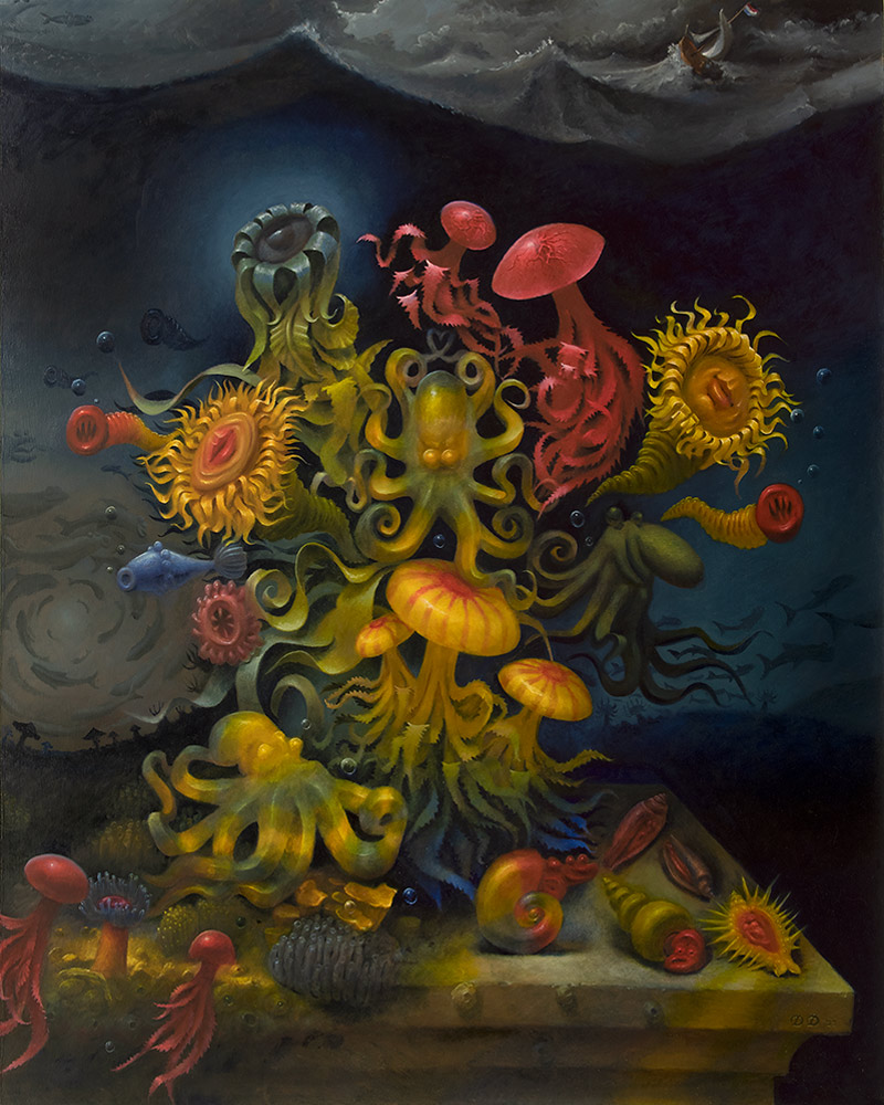 Schilderij van Daniel Douglas. Een onder water leven met allerlei kleine voorstellingen daarin, zoals gezichtjes, dieren en voorwerpen. Dat heeft Pareidolia.