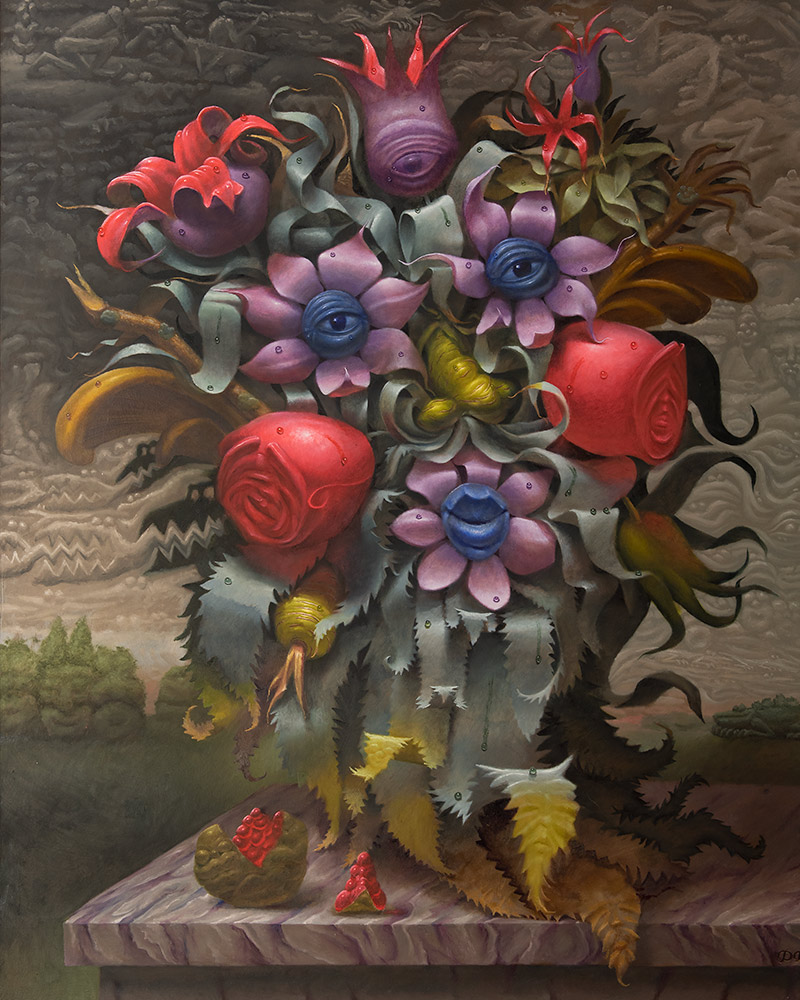 Schilderij van Daniel Douglas. Een plant met allerlei kleine voorstellingen daarin, zoals gezichtjes, dieren en voorwerpen. Dat heeft Pareidolia.