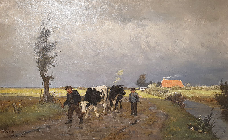 Een schilderij van Voerman senior en zijn jeugdvriend Tholen samen. Twee boeren met twee koeien onderweg in een dreigende atmosfeer.