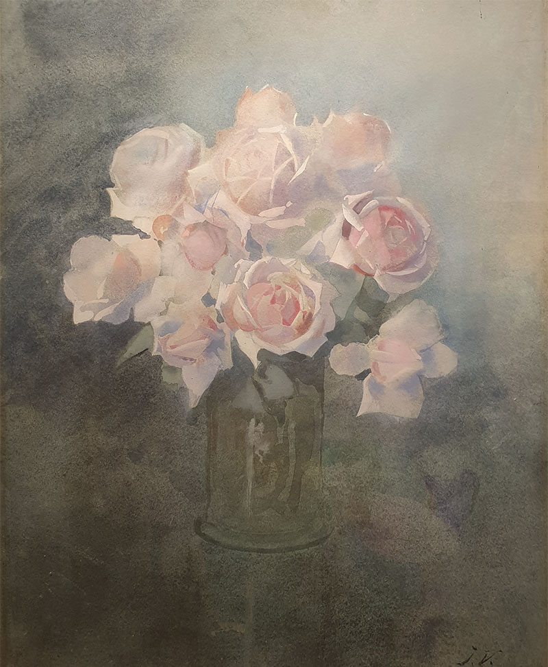 Aquerel van Jan Voerman senior. Lichtroze rozen in een glazen vaas.