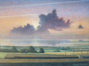 Wietse van den Noort. Landschap met wat bomen en wolkenpartij in paarse tinten.