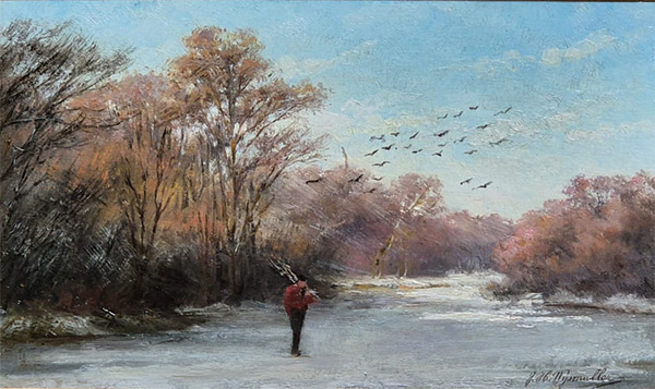 Schilderij van Wijsmuller. Een jongen die in een winterlandschap op het ijs loopt.